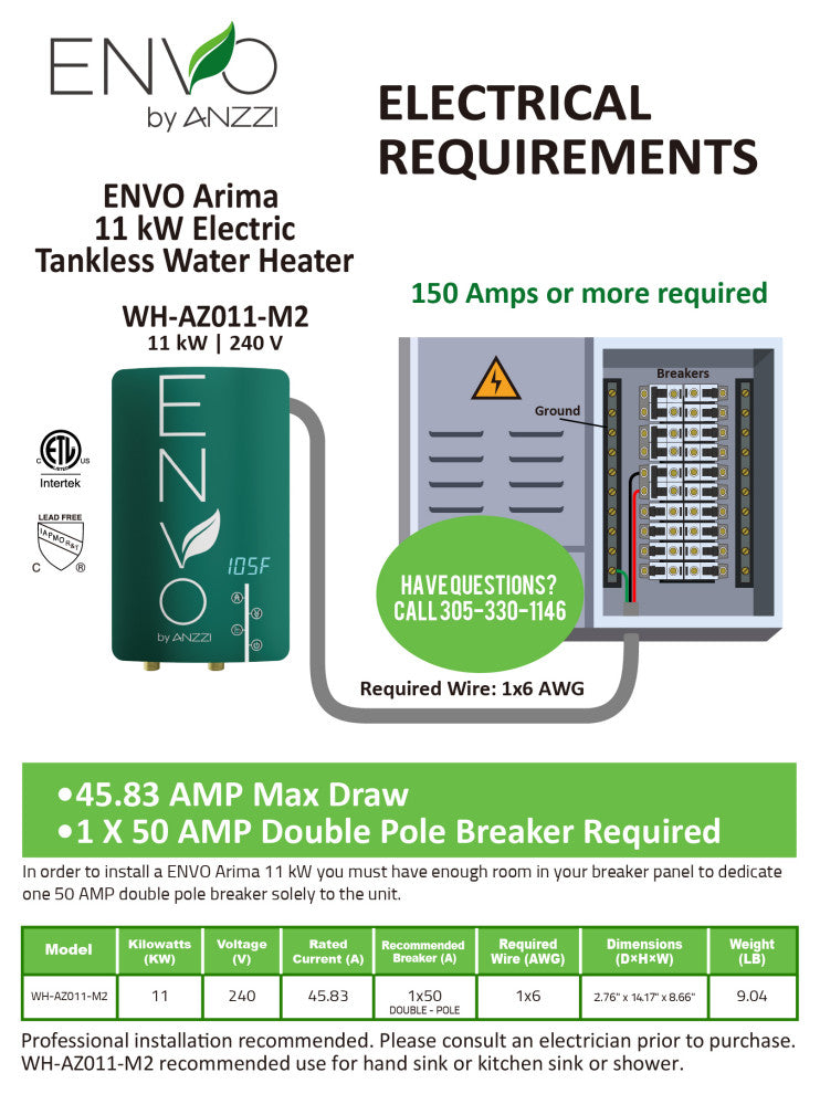 Envo ANZZI Electric Tankless Water Heater 11 kW at 240 Volts, 11kw
