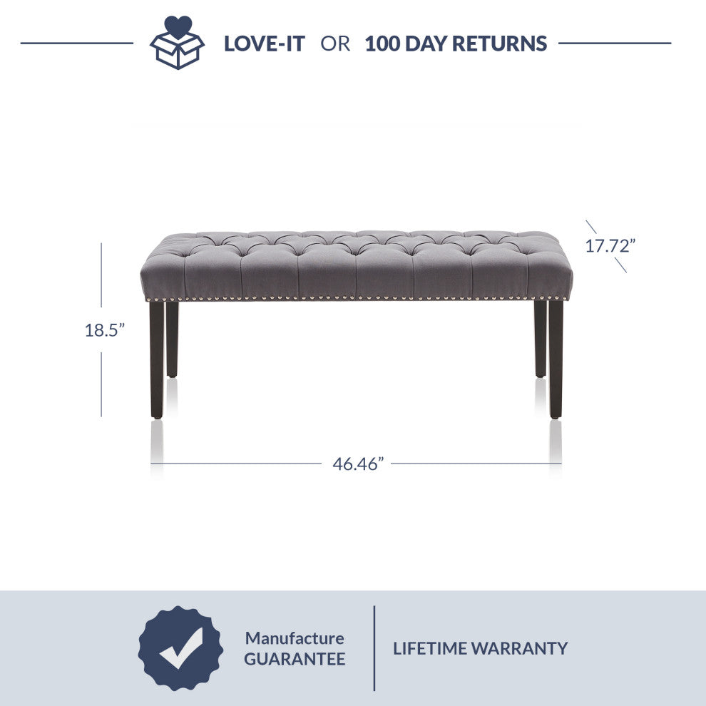 Modern Button-Tufted Ottoman Bench, Linen Fabric, Gray