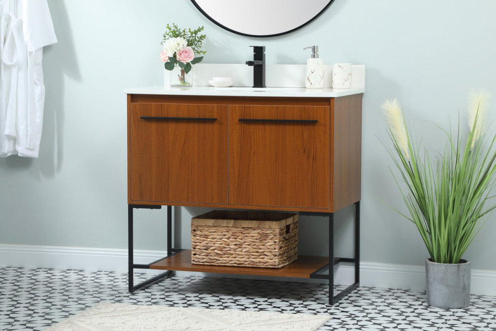 Sue 36" Single Bathroom Vanity, Teak, With Backsplash