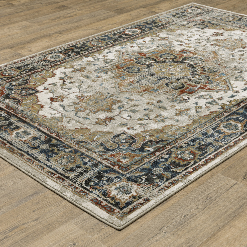 Vander Traditional Medallion Beige/Blue Power-Loomed Area Rug, 3'10"x5'5"