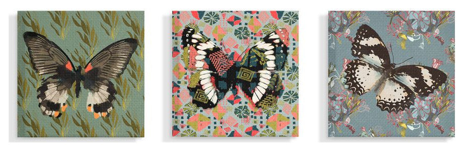 Butterflies On Pink Blue Gold Patterns Abstract Designs 3-Piece Set, 17"x17"