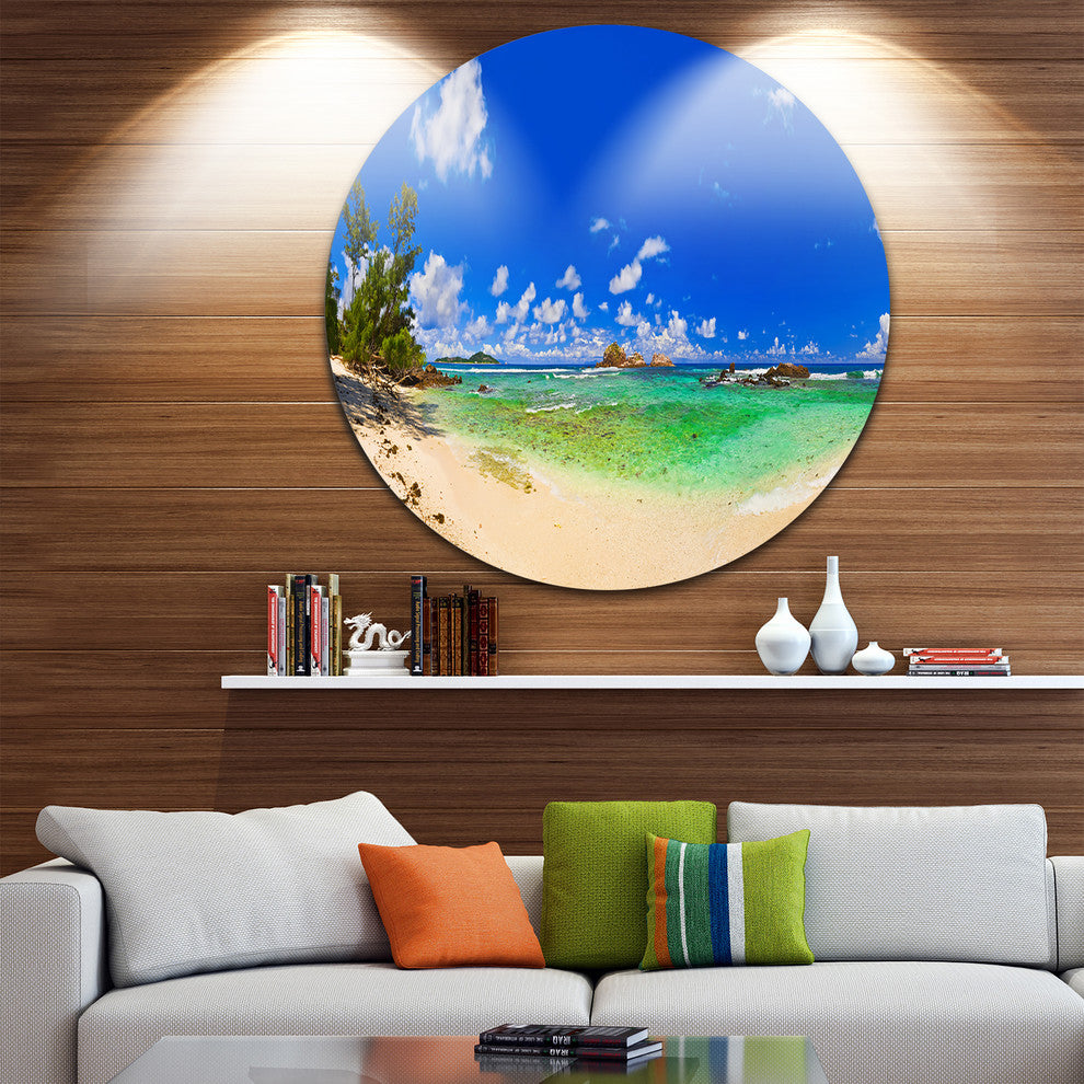 Tropical Beach With Green Sea, Landscape Photo Round Metal Artwork, 11"
