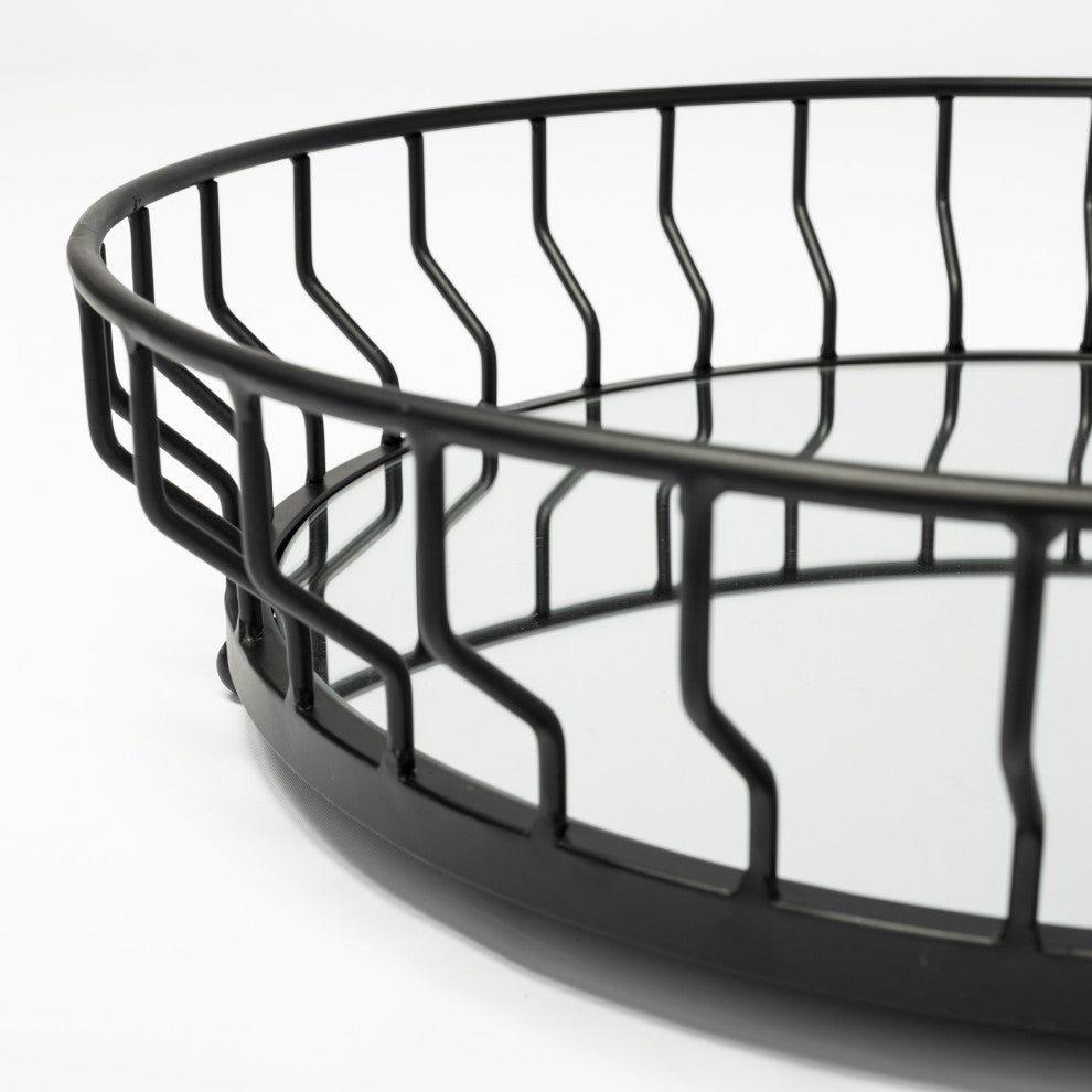 HomeRoots 20" Matte Black Wavy Metal With Mirrored Glass Bottom Round Tray