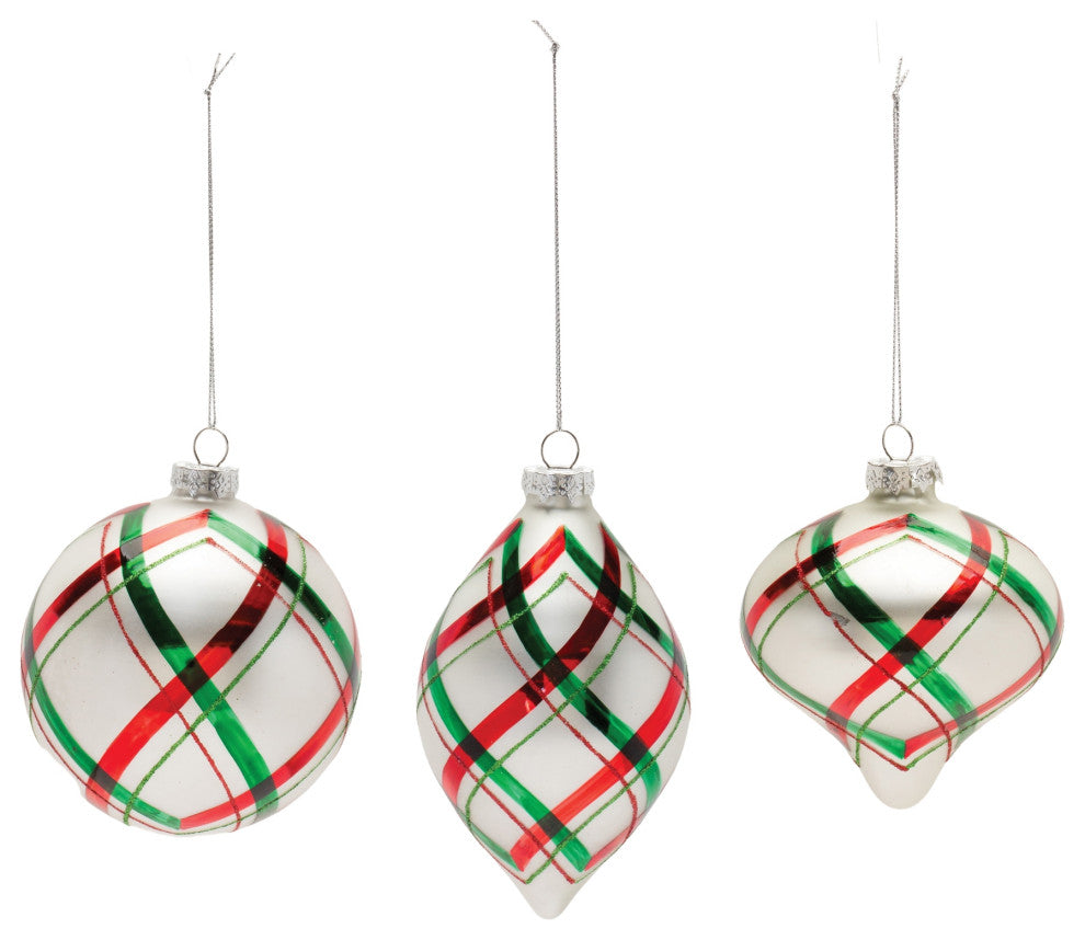 Plaid Glittered Glass Ornament, 6-Piece Set