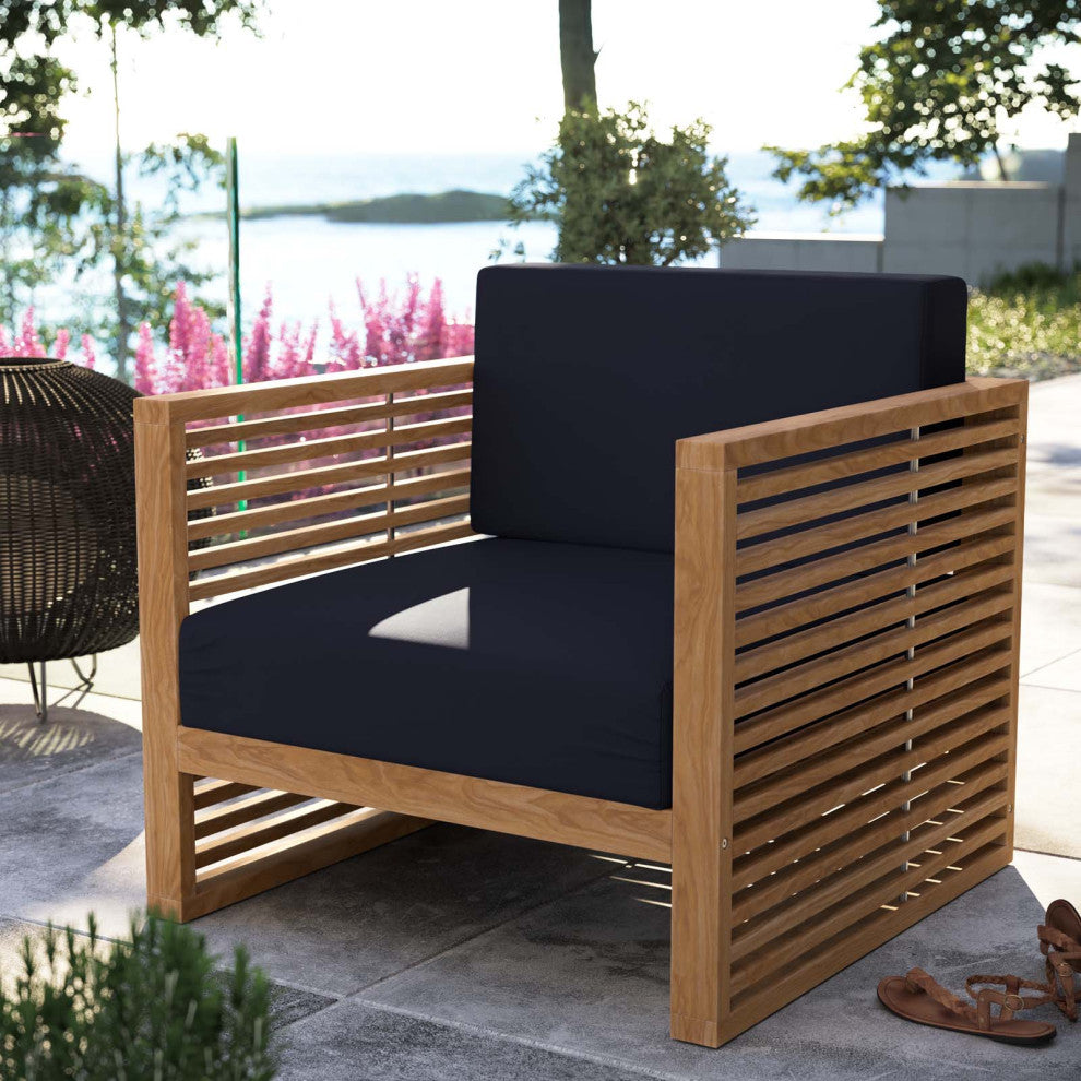 Lounge Chair Armchair, Blue Navy Natural, Teak Wood, Modern, Outdoor Patio