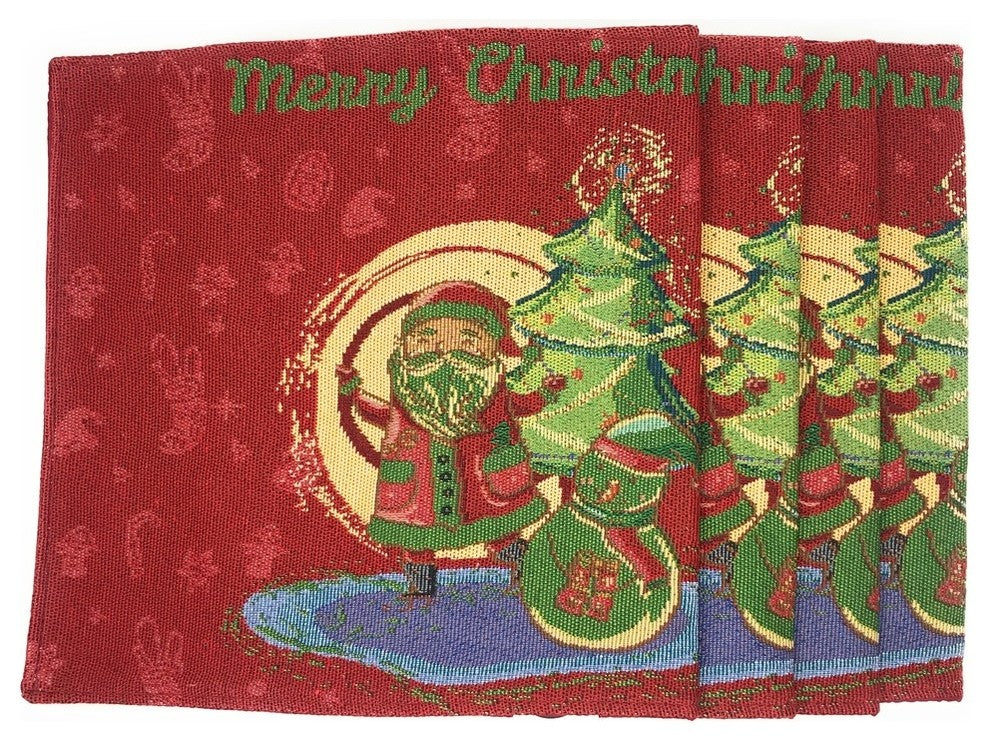 Set of 4 Christmas Santa Clause Red Tapestry Woven Placemats 13 x 19