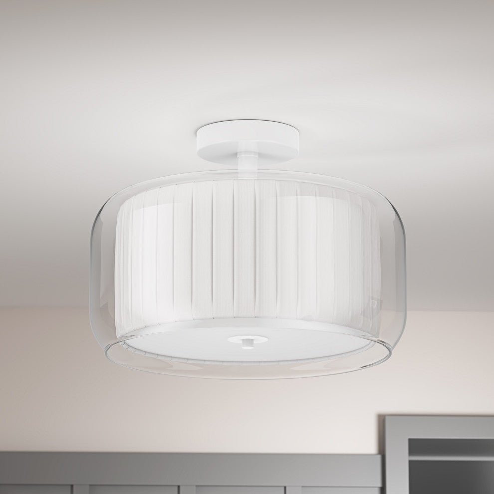 Modern 3-Light Semi Flush Mount Glass Ceiling Light with White Fabric Shade