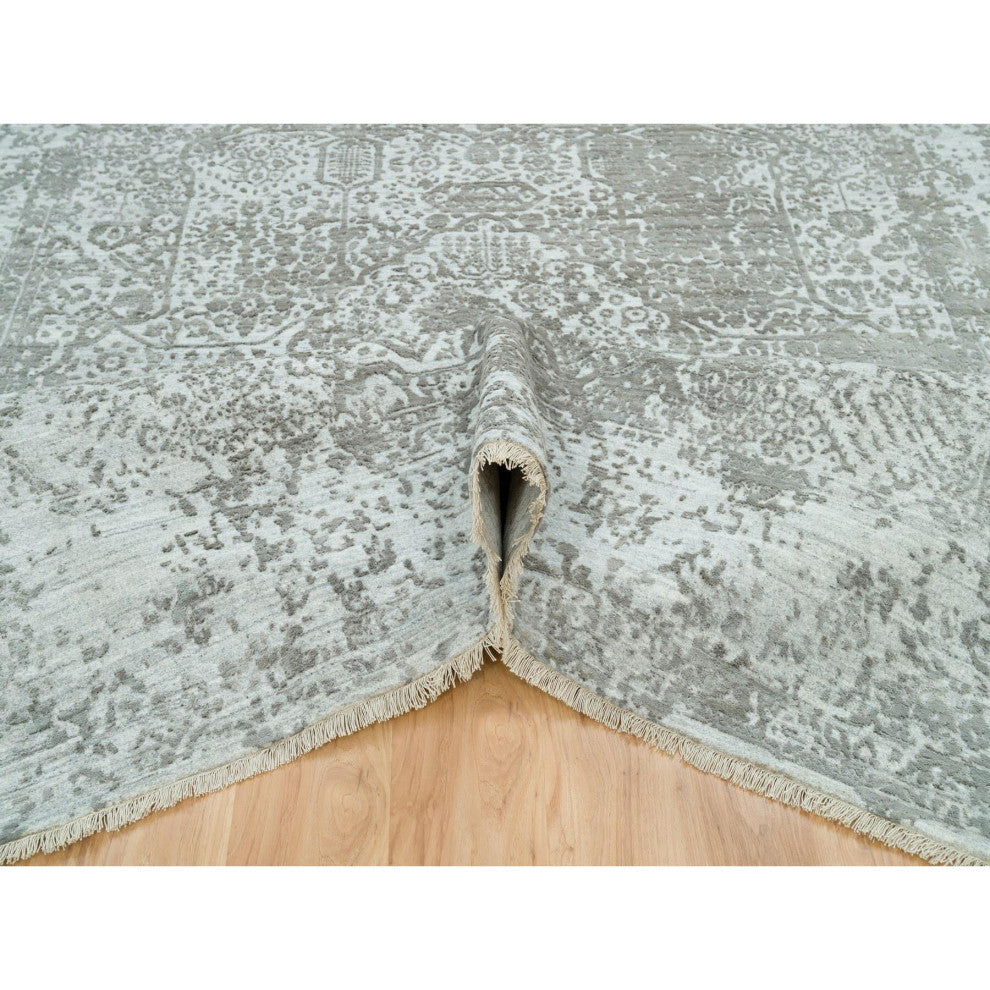 Chrome Gray Zoroastrian Hand Knotted Wool and Silk Oriental Rug, 8'x10'2"