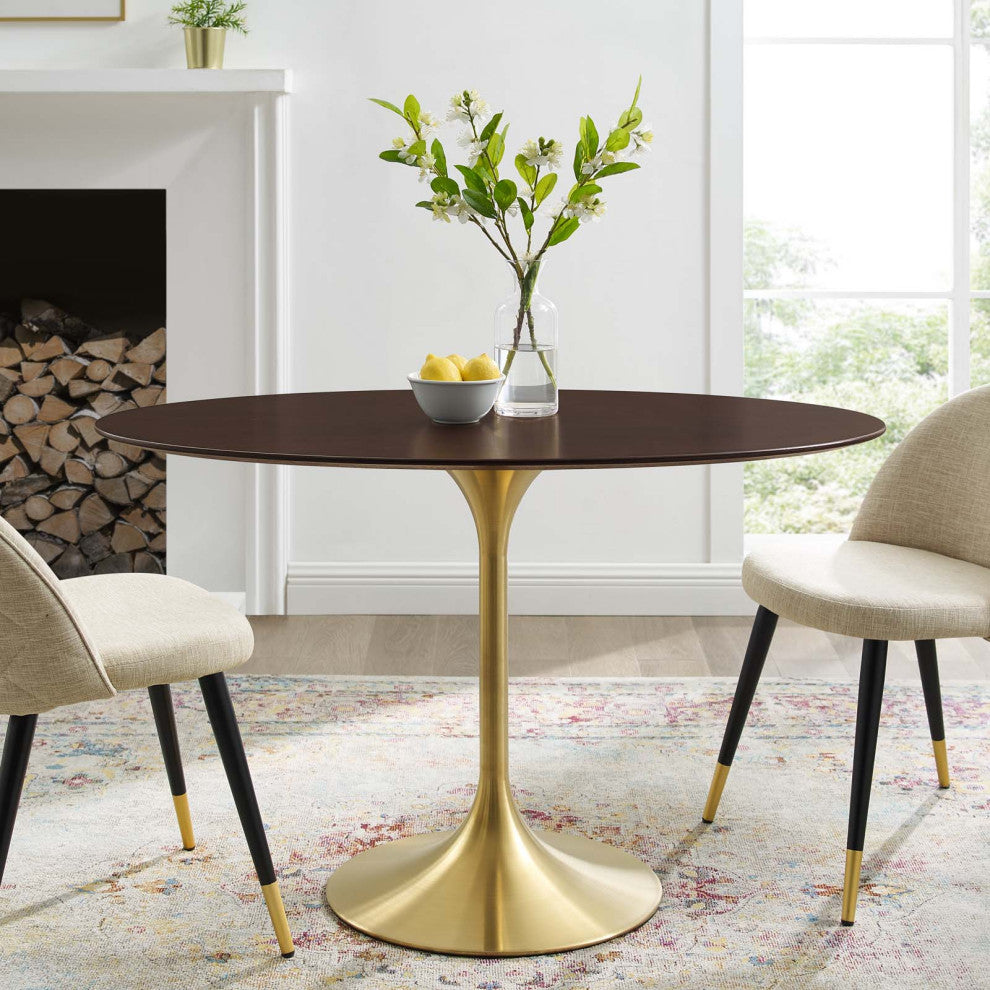 Dining Table, Oval, Wood, Gold Dark Brown Brown Walnut, Cafe Bistro Restaurant