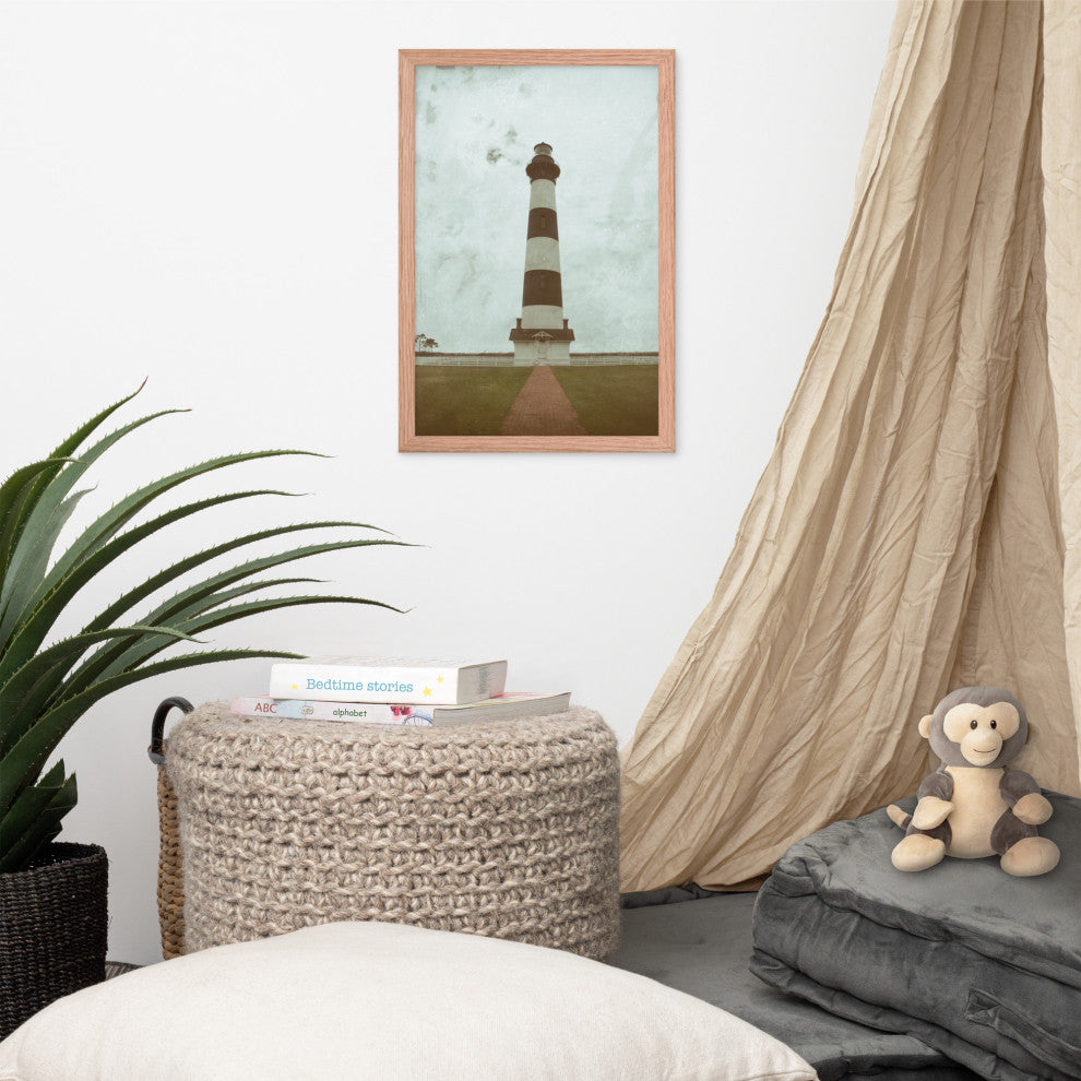 Aged Bodie Lighthouse Landscape Framed Photo Paper Wall Art Prints, Red Oak, 12" X 18"
