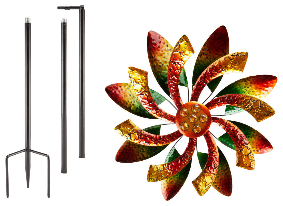 64" Tall Floral Windmill Stake with Jeweled Kinetic Spinner, Green and Orange