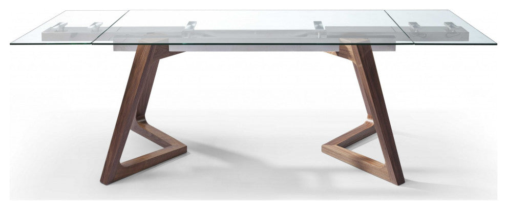 HomeRoots 63" X 35" X 30" Walnut Glass Stainless Steel Extendable Dining Table