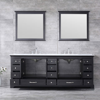 84" Double Vanity, Carrara Marble Top, Square Sinks and 34" Mirrors With Faucets