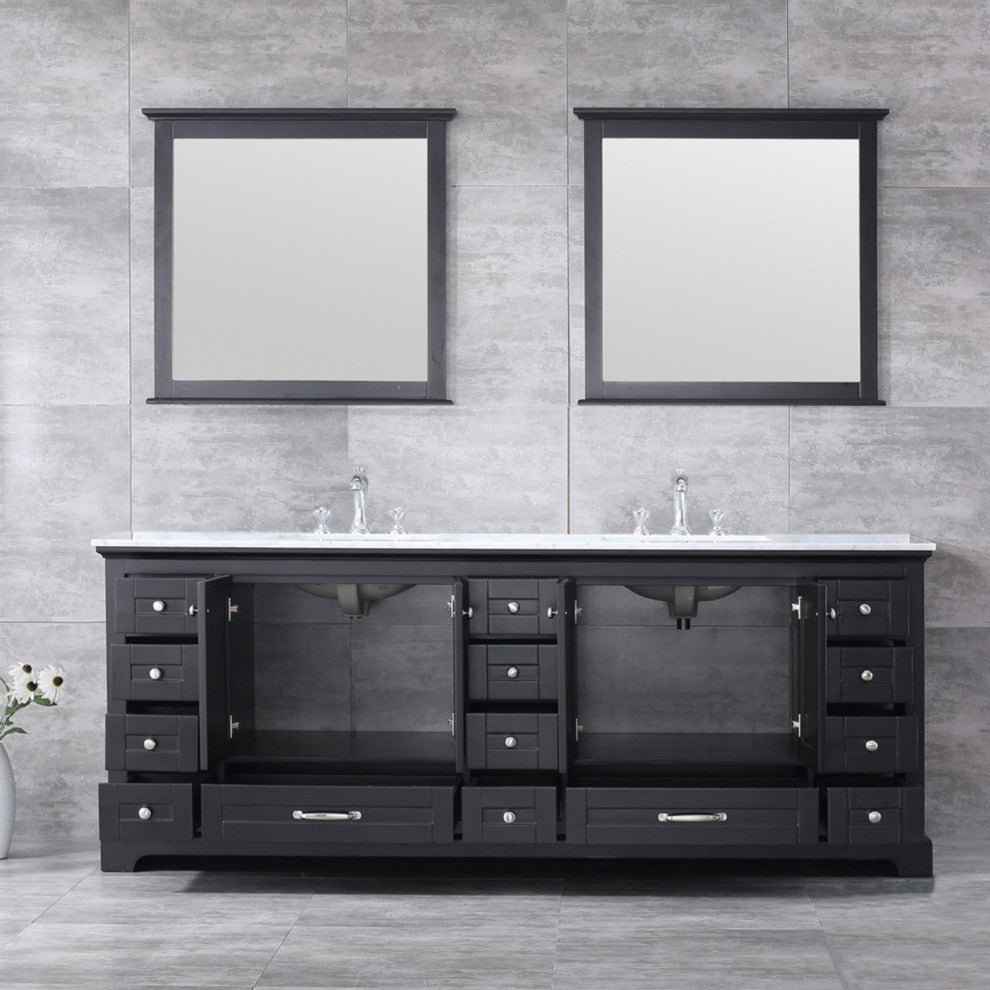84" Double Vanity, Carrara Marble Top, Square Sinks and 34" Mirrors With Faucets