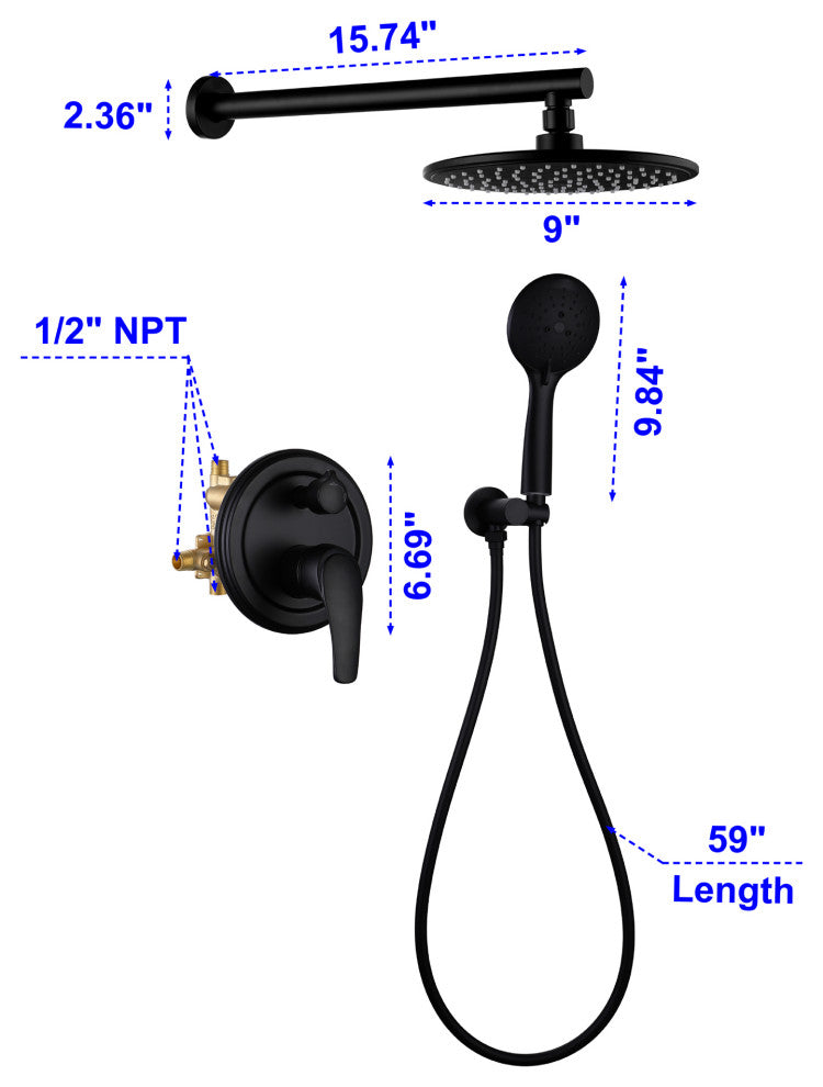 Wellfor Shower Faucet Set, 9" Rain Shower Head With Handheld Combo Set and Valve, Black