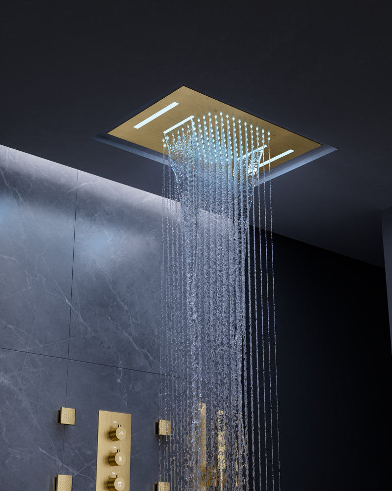 LED Thermostatic Shower System Rain Shower Head With 6 Body Jets, Brushed Gold, 23"x15", Slide Bar