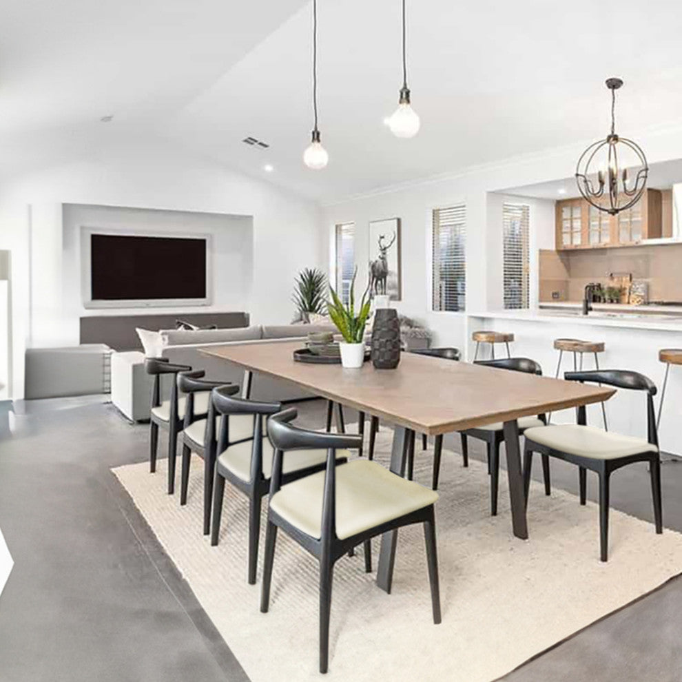 Set of 2 Modern Wooden Dining Chairs, PU Leather or Beige Fabric Seat, Black/Beige, Unassembled