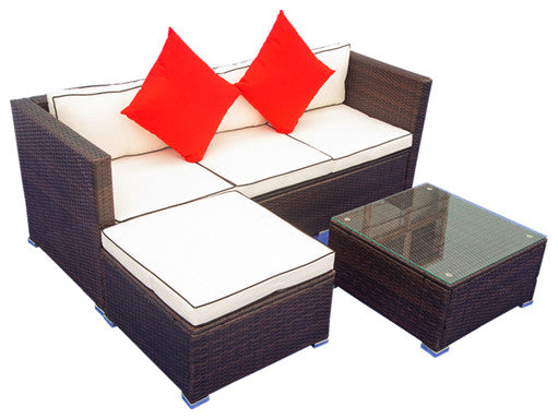 3 Piece Pation Wicket Set Outdoor Furniture Rattan Sofa Set With Cream Finish