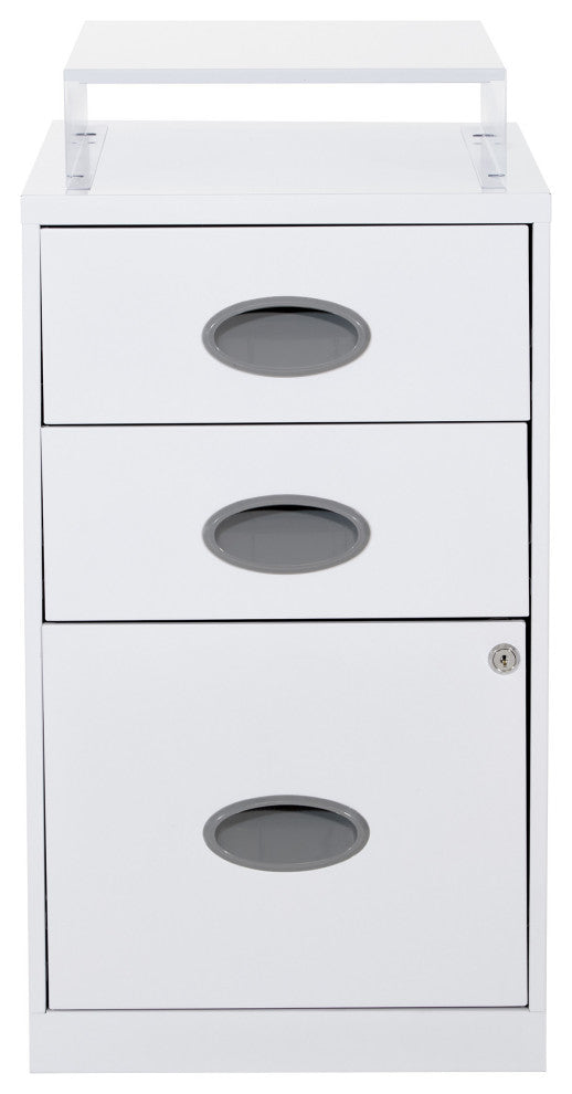 3 Drawer Locking Metal File Cabinet With Top Shelf, White