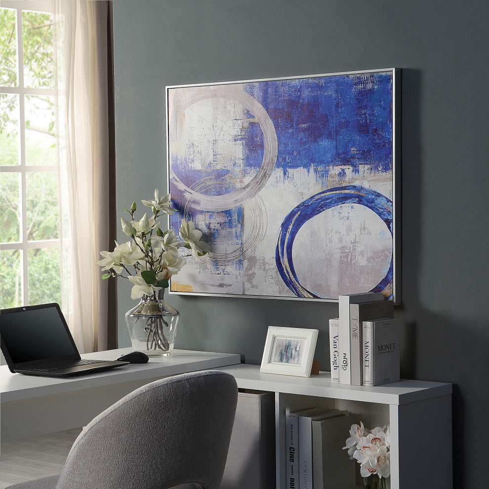 Circle Abstract Wall Art 30x39 With Silver Frame, Blue & Silver