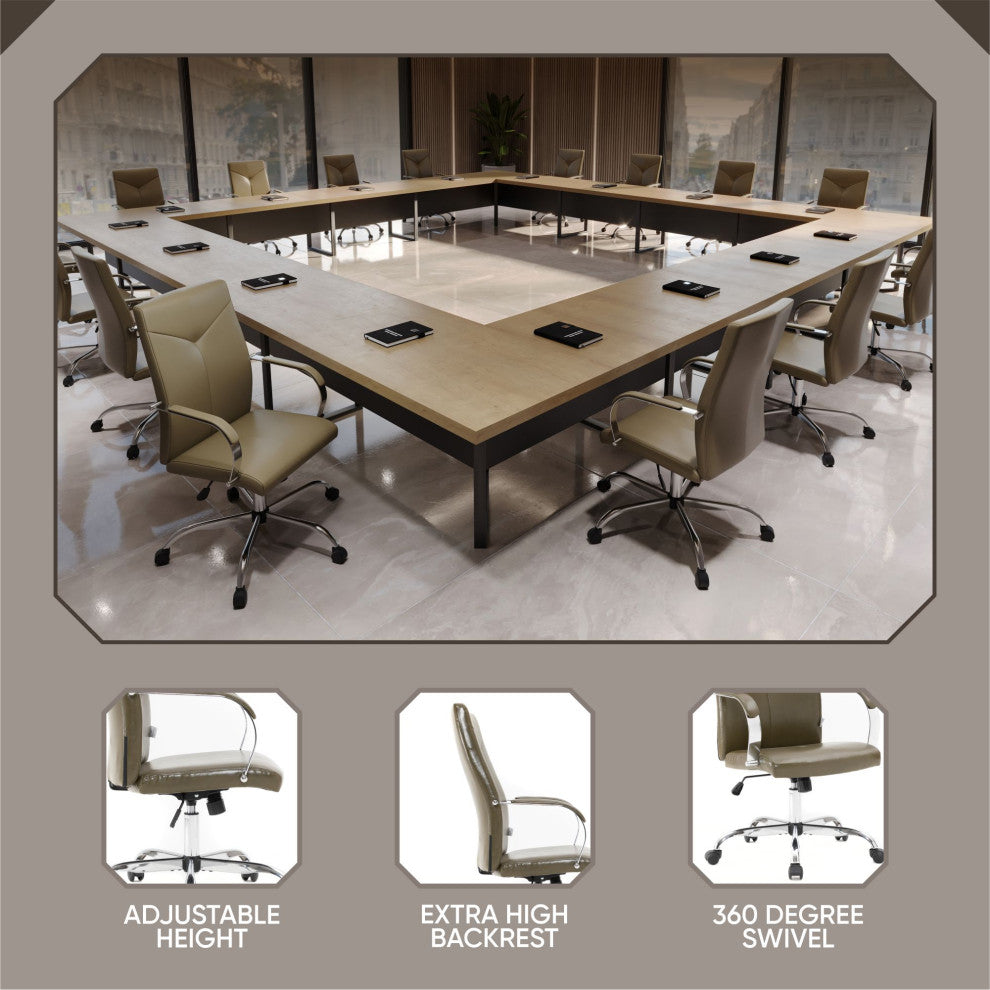 LeisureMod Sonora High-Back Adjustable Leather Conference Chair, Olive Green