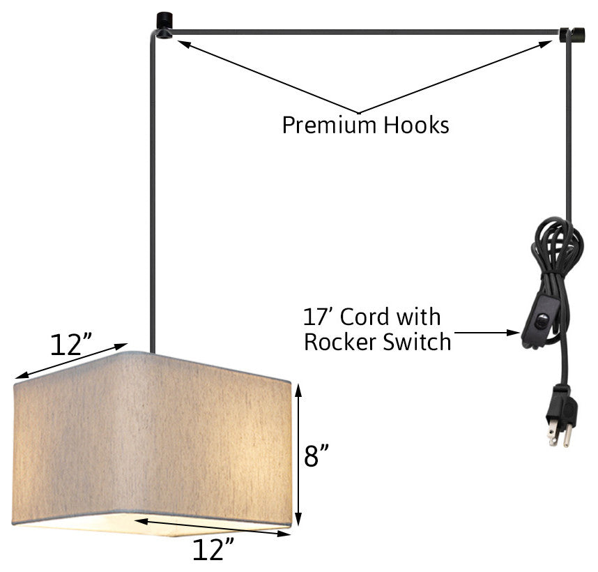 1 Light Swag Plug-In Pendant 14"w Rounded Corner Square Oatmeal Drum Shade, Blac