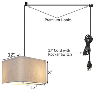 1 Light Swag Plug-In Pendant 14"w Rounded Corner Square Oatmeal Drum Shade, Blac