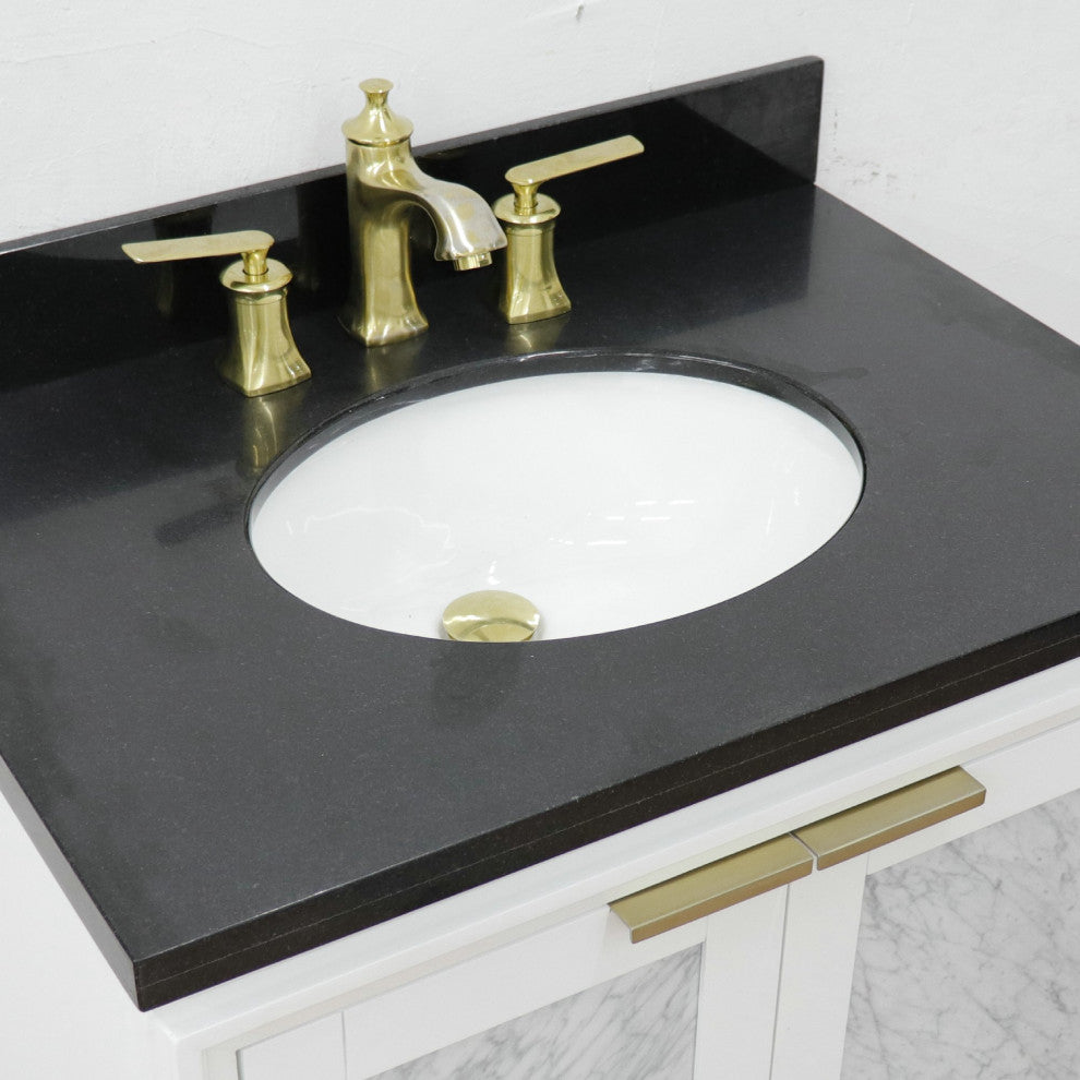 31" Single Sink Vanity, White Finish With Black Galaxy Granite With Oval Sink