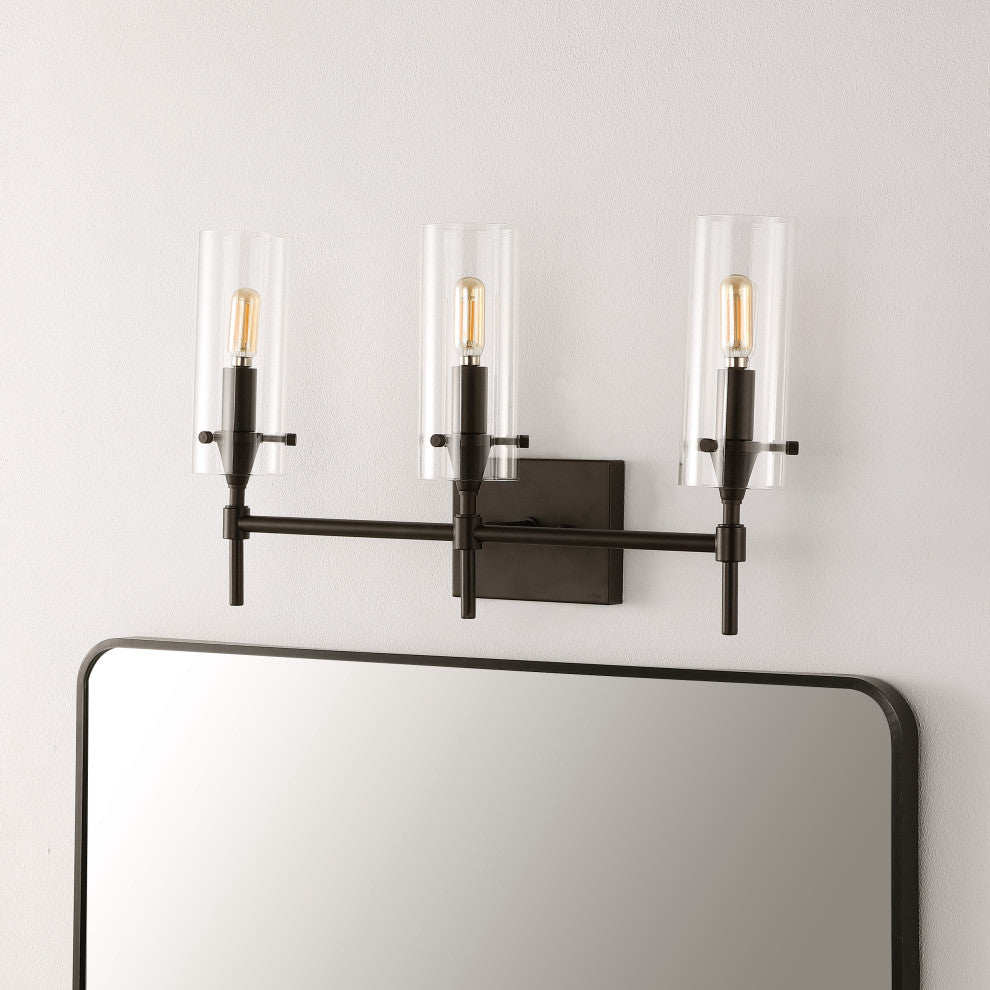 Cato 21.25" 3-Light Modern Farmhouse Iron/Glass Vanity, Oil Rubbed Bronze/Clear