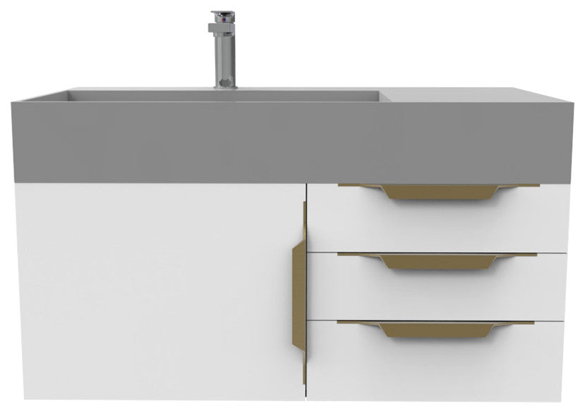 CastelloUSA Amazon 36" Wall Mount Vanity Set, White, Gray Top, Gold Handles