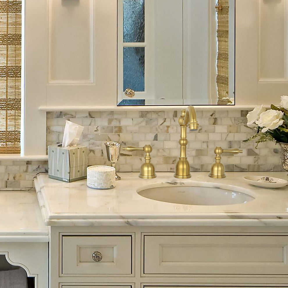 Two-Handle Copper Widespread Bathroom Sink Faucet, Brushed Gold