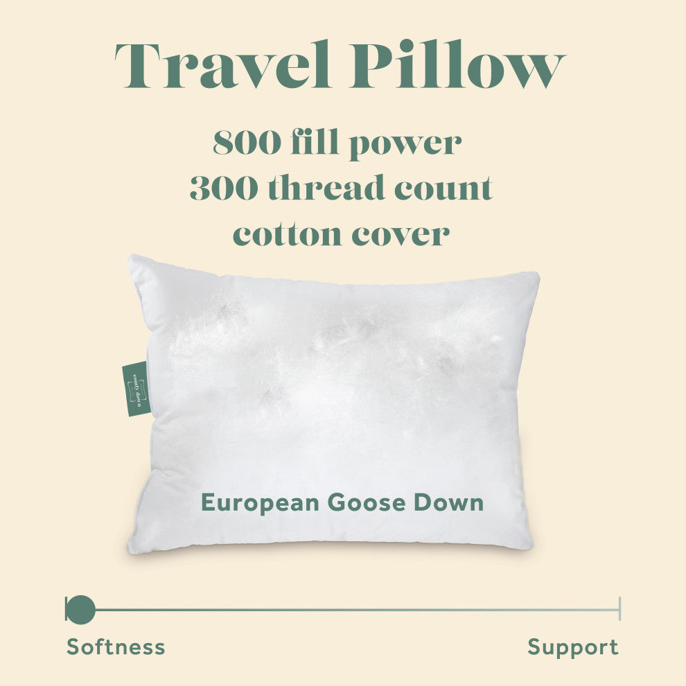 European Goose Down Travel Pillow For Plane, Car And Home, 12" X 16"