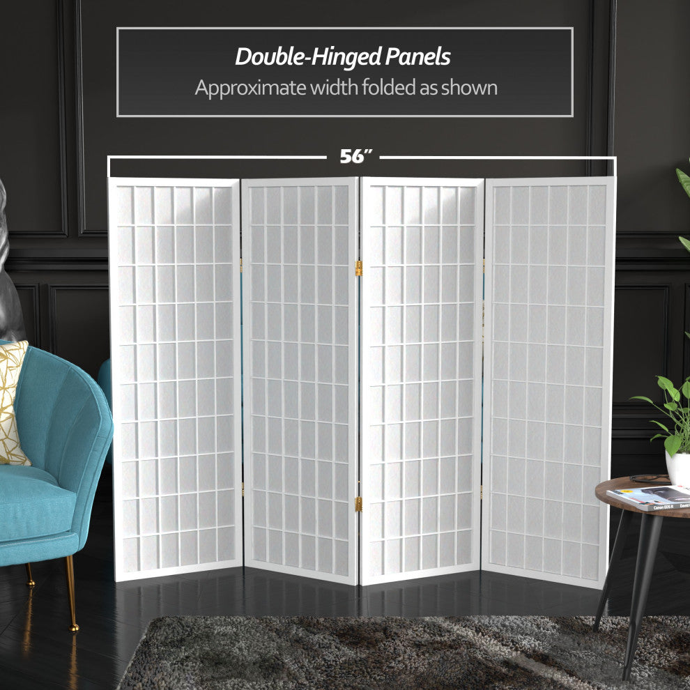 4' Tall Window Pane Shoji Screen, White, 4 Panels