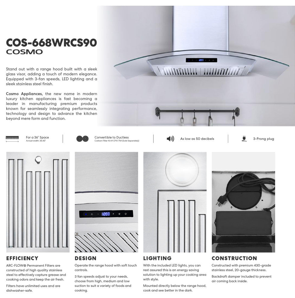 Cosmo Euro Wall-Mount Range Hood Modern Glass