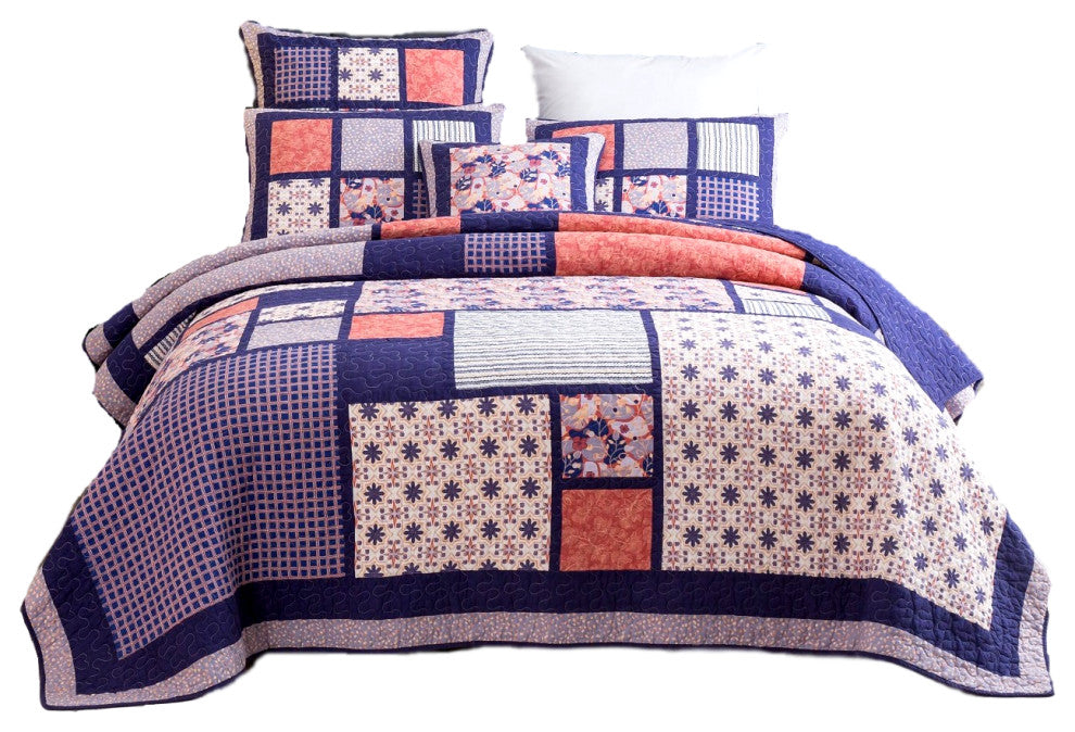 Patchwork Floral Cherry Blossom Plum Purple & Peach Quilted Bedspread Set, Queen