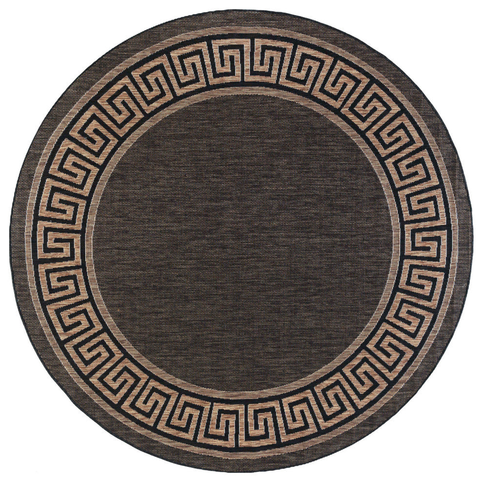 Giovanna Transitional Greek Key Black/Gold Round Indoor/Outdoor Area Rug, 5'