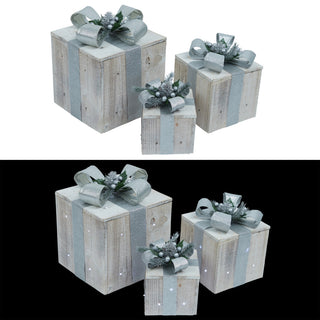 3-Piece Wooden Gift Box Christmas Decor with LED Lights, Silver
