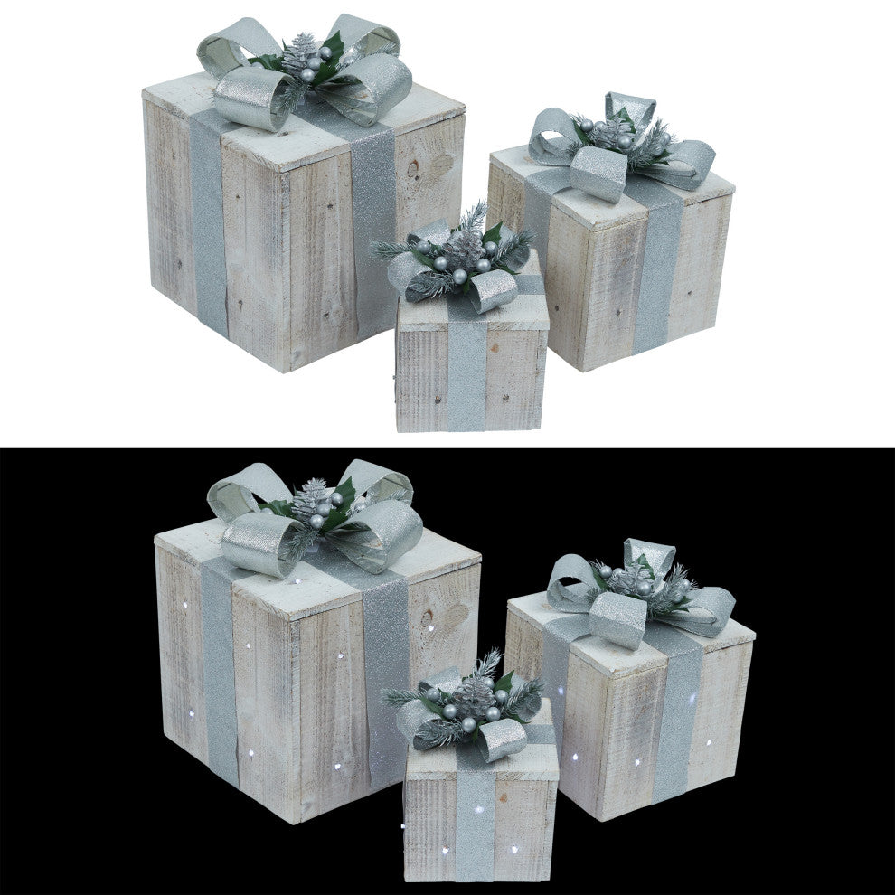 3-Piece Wooden Gift Box Christmas Decor with LED Lights, Silver