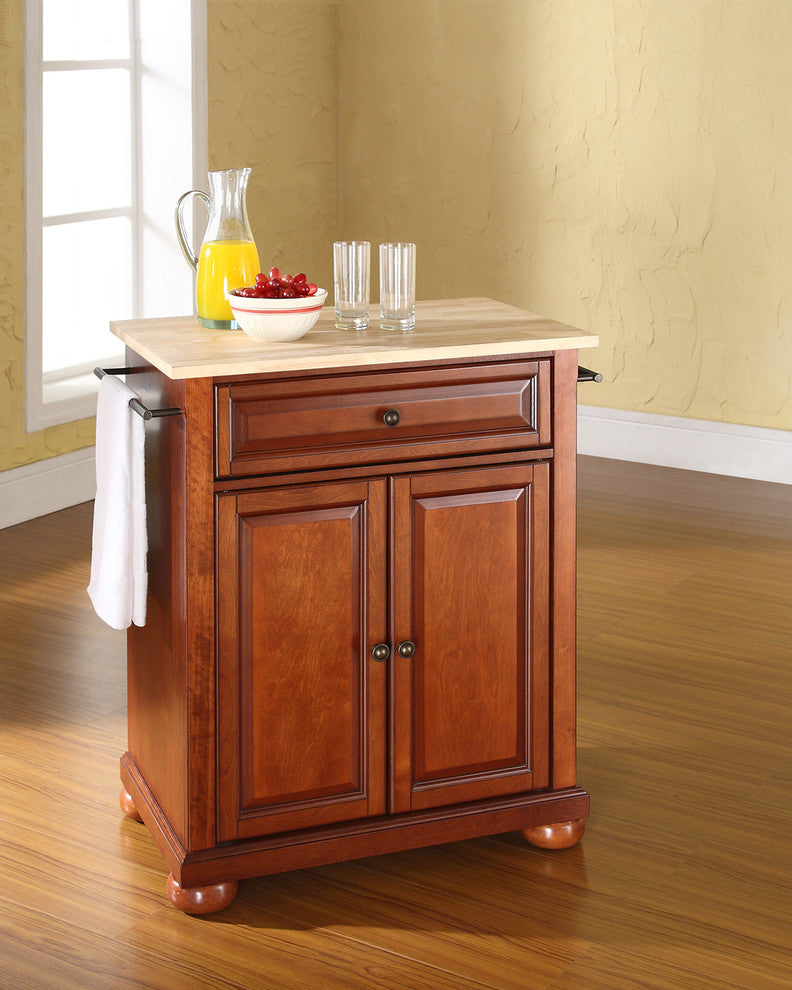 Alexandria Natural Wood Top Portable Kitchen Island, Classic Cherry Finish