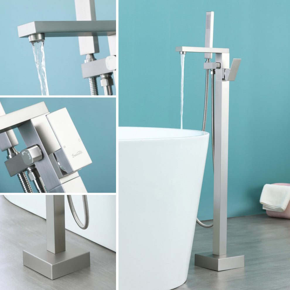 Wellfor Waterfall Floor Mounted Tub Faucet With Hand Held Shower, Brushed Nickel