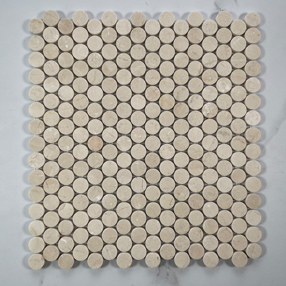 Crema Marfil Marble 3/4 inch Penny Round Mosaic Tile Polished, 1 sheet
