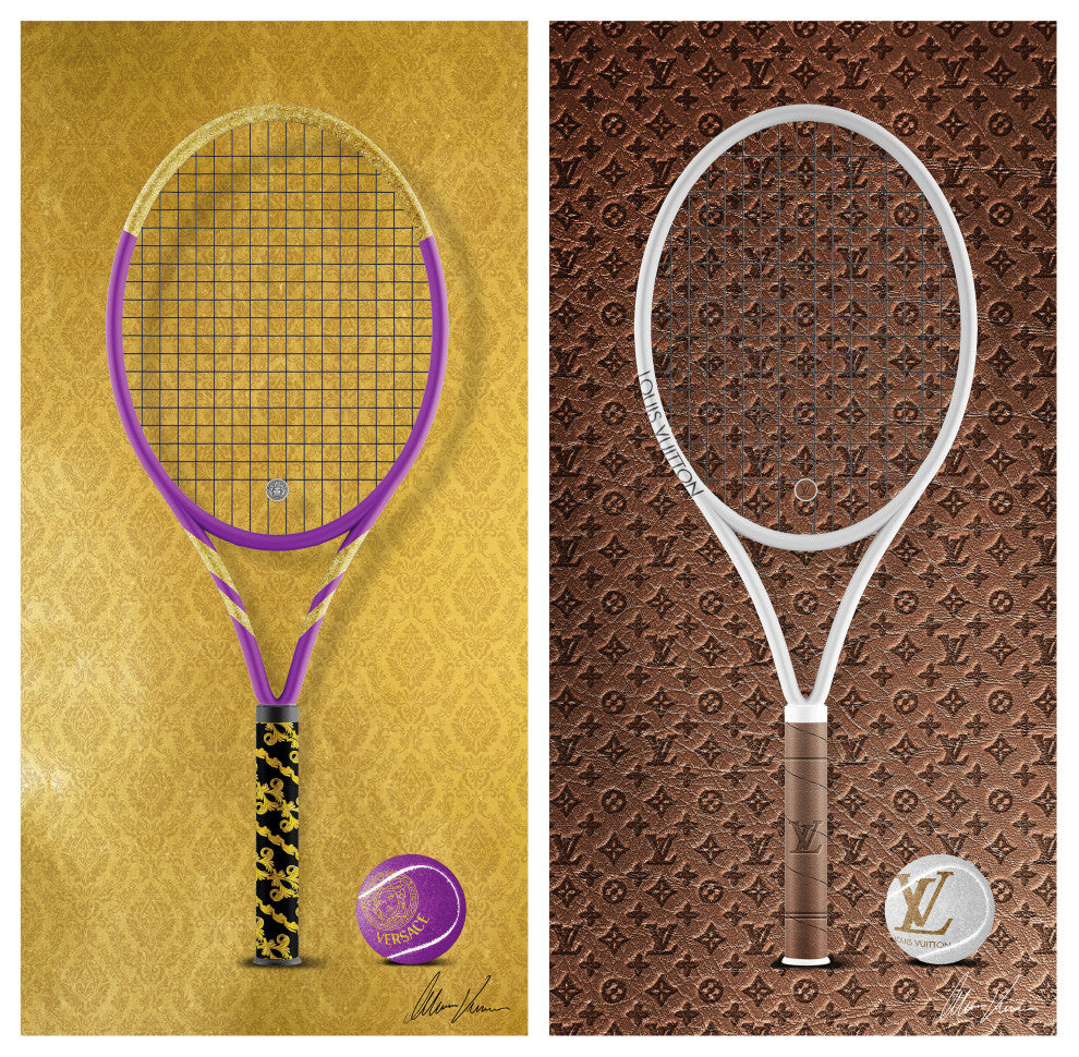 "Designer Racquet" Frameless Floating Tempered Glass Panel Wall Art Set of 2
