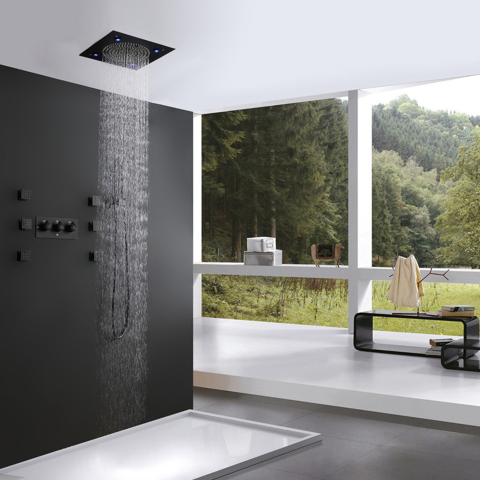 Luxury LED Rain Shower System With Rough-In Valve & 6 Body Jets, Matte Black