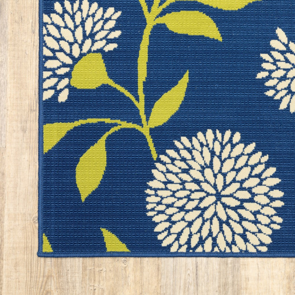 HomeRoots 9' x 13' Indigo and Lime Green Floral Indoor or Outdoor Area Rug