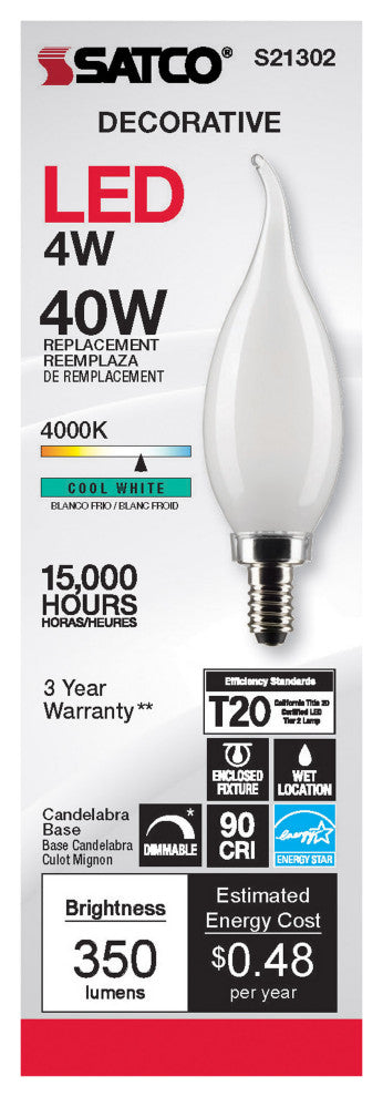 4W CA10 LED, Frost, Candelabra Base, 90 CRI, 4000K, 120V