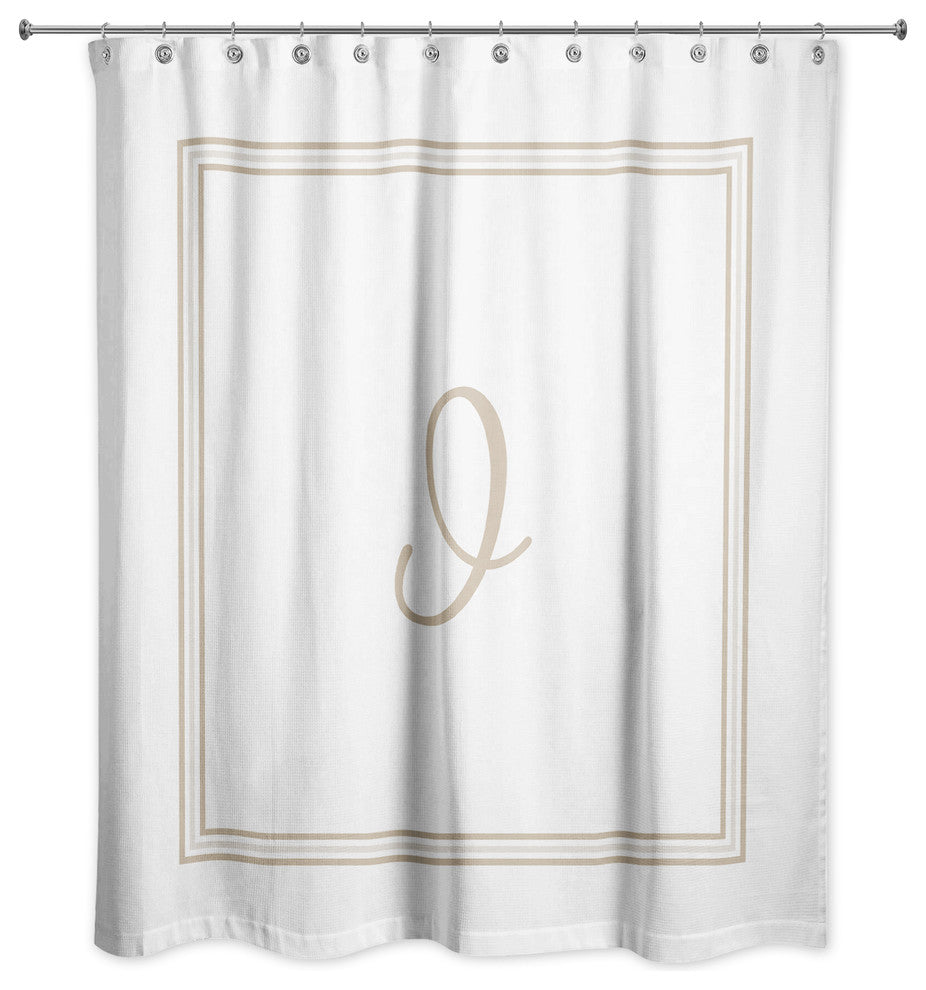 Beige and White Monogrammed Shower Curtain, I