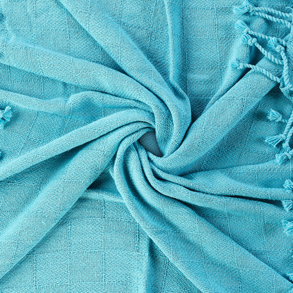 Checkered Weave Throw Blanket with Fringe, Angel Blue