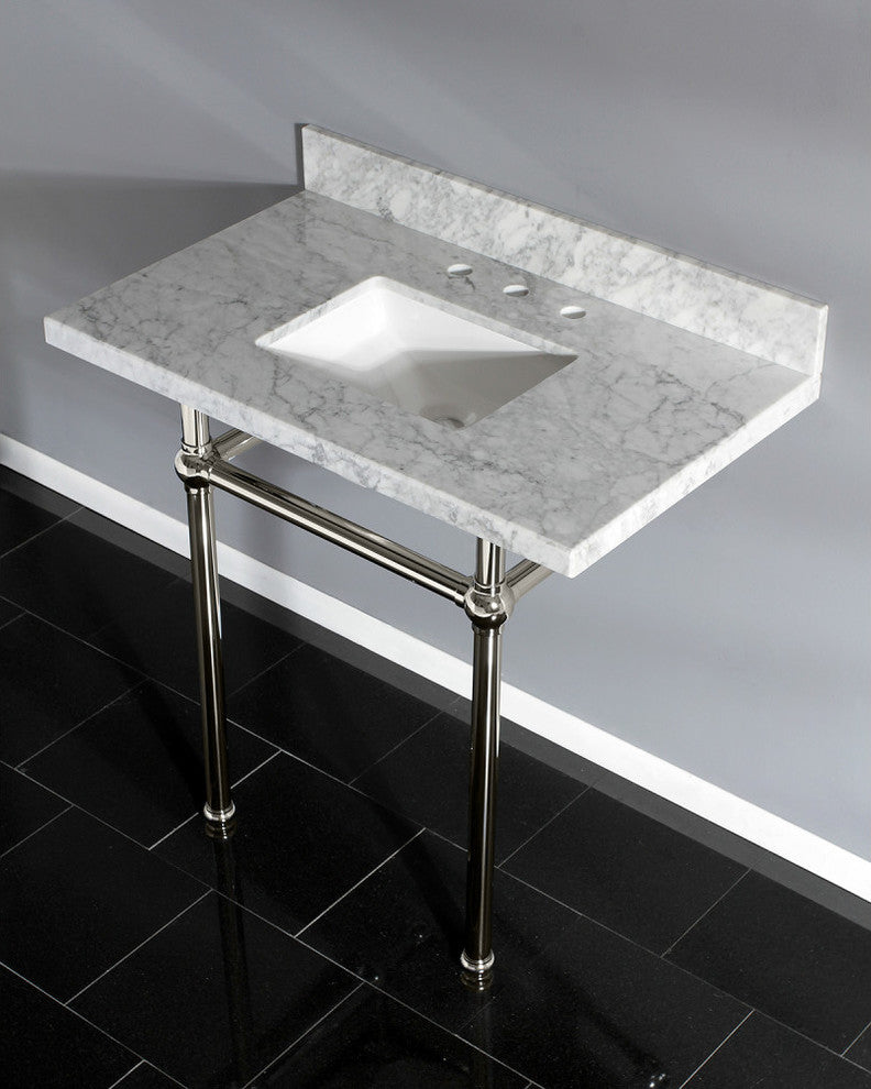 36X22 Marble Vanity Top w/Brass Console Legs, Carrara Marble/Polished Nickel