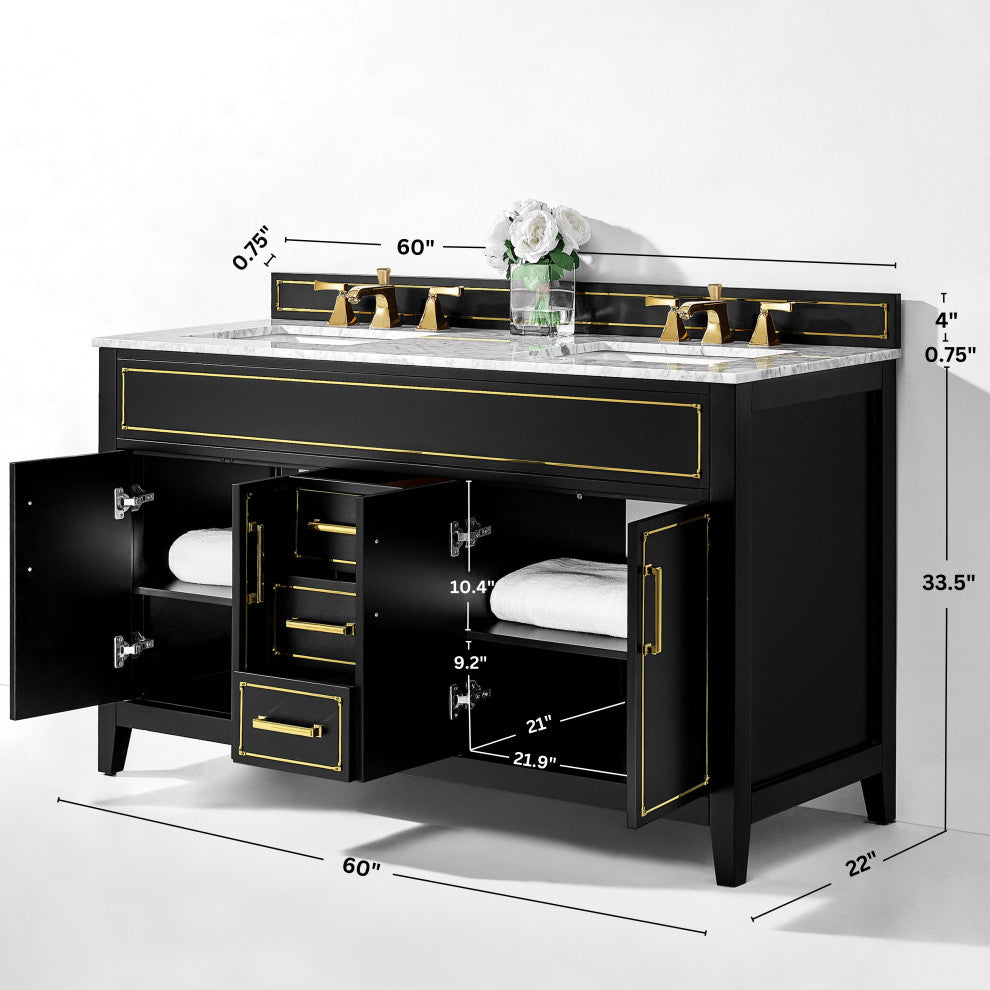 The Monaco Bathroom Vanity, Black Onyx, 60", Double Sink, Freestanding