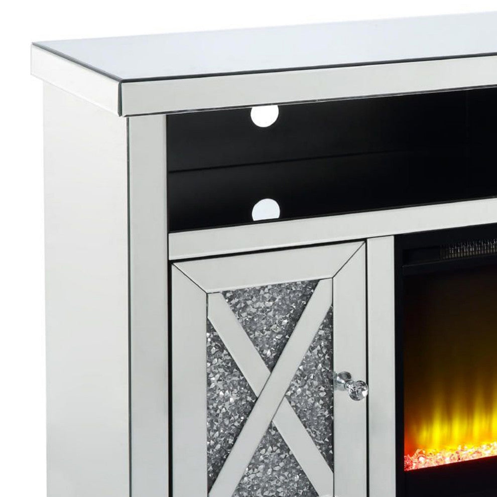 Benzara BM269586 TV Stand, Electric Fireplace & Beveled Mirror Framing, Silver